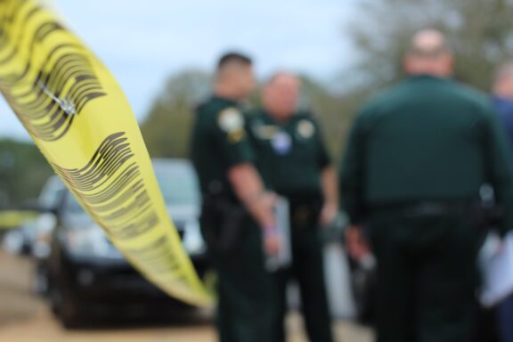 out of focus image of law enforcement officers with police tape around them