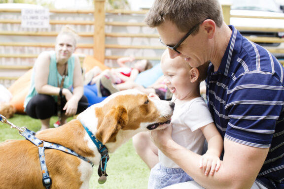 father with toddler playing with brown and white dog