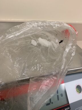 A white substance inside a plastic bag.