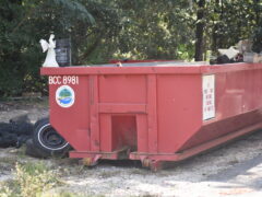 a dumpster. with a Walton County seal on the side of it.