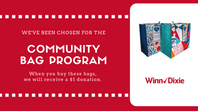 Photo of reusable bags with the words "Community Bag Program"