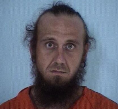 Mug shot of a white male with a long brown beard and long hair pulled back in a pony tail. 