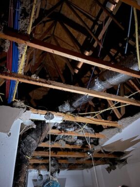 Inside of the attic of a home with damage from fire