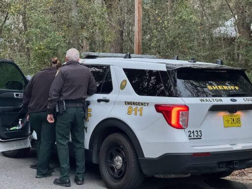 Two deputies standing outside a patrol car with their backs facing the camera.