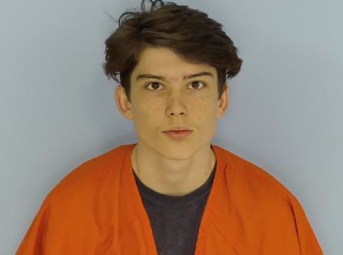 Mug shot of a white teenager with shaggy brown hair and brown eyes. 