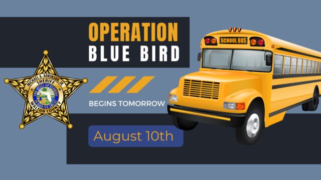 Operation Blue Bird graphic with a school bus and Walton County Sheriff's Office star.