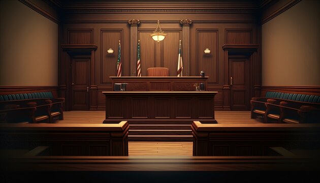 A court room with a judges seat and american flags standing in the background.