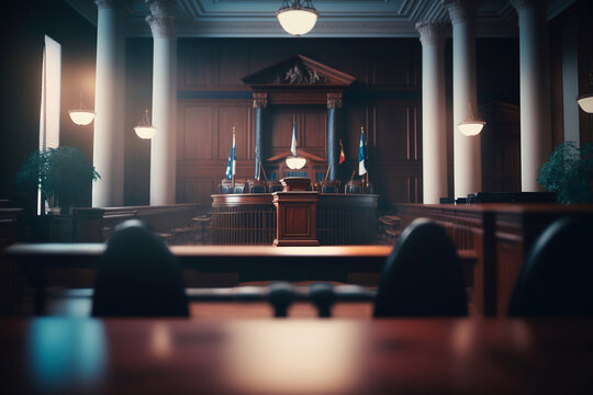 A courtroom with two chairs superimposed in the foreground.