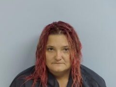 Mug shot of a white female with pink hair wearing a navy blue jumpsuit standing in front of a light blue wall
