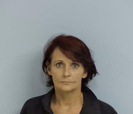 Mug shot of Patricia Padgett, white female with short brown hair and hazel eyes wearing a navy blue jumpsuit standing in front of a light blue wall. 