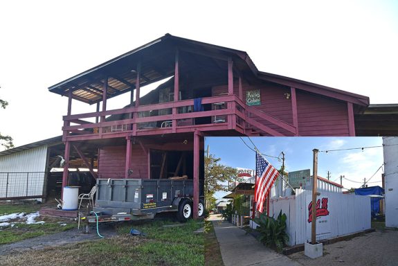 Picture of large red barn with damage in the apartment at the top and other photo of a small white hot dog stand on top of it