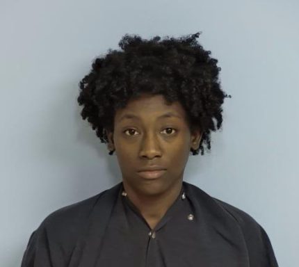 Mug shot of a black female with an afro wearing a navy jumpsuit standing in front of a light blue wall. 