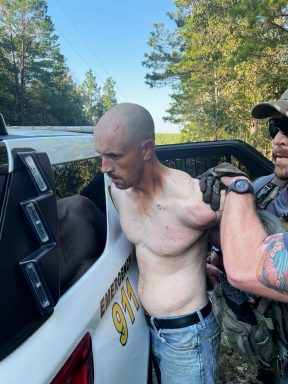 Skinny white man with bald head wearing blue jeans being held against the back of a patrol car