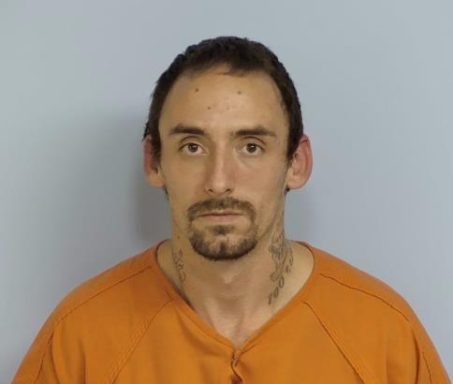 Mug shot of a white male with brown hair and a brown goatee wearing an orange jumpsuit standing in front of a light blue wall. 