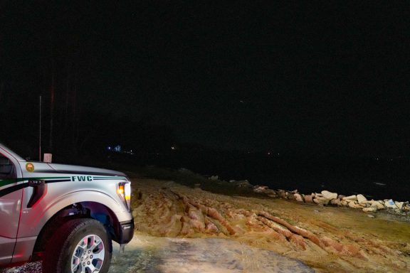 An FWC truck parked on a sandy beach on the choctawhatchee bay