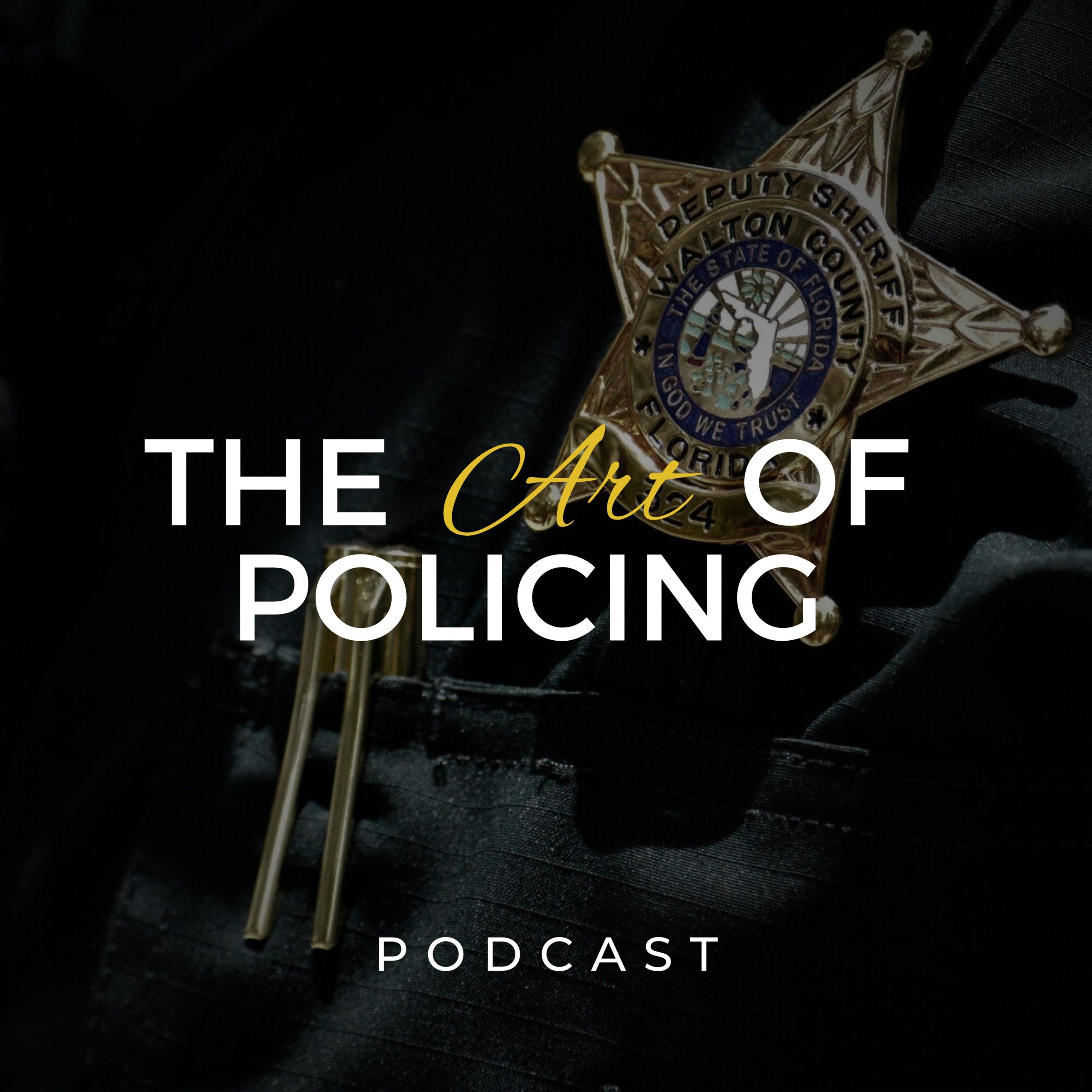 A badge sitting on a sheriff deputy uniform with the words Art of Policing superimposed