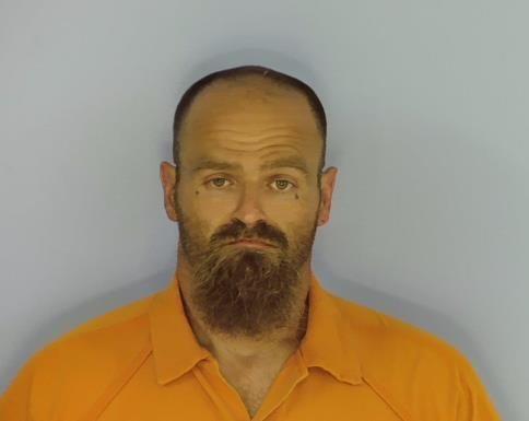 A man with a receeding hair line with brown goatee wearing an orange jump suit in front of a light blue back drop.