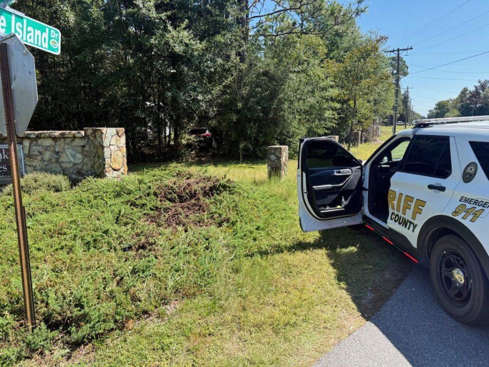 SUV crashed in trees near a stop sign