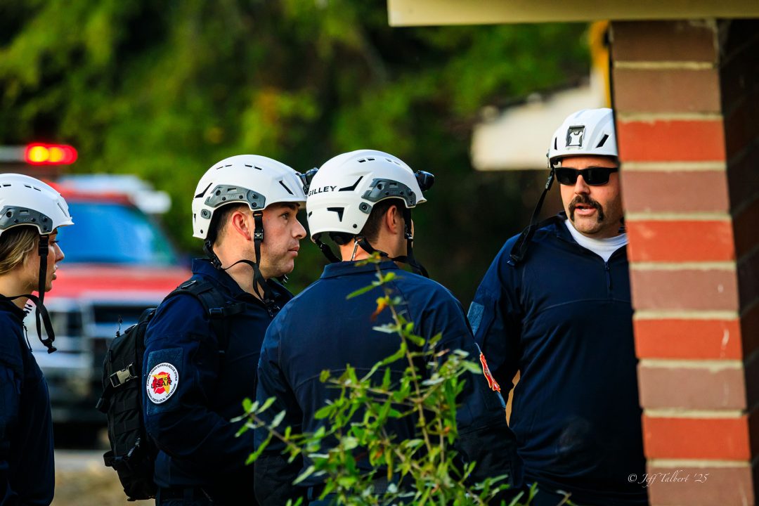 Three male firefighters and one female firefighter wearing white helmets