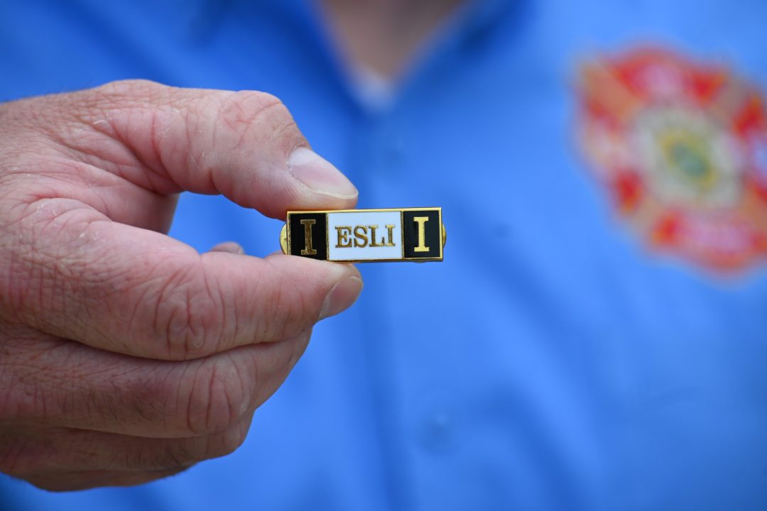 Metal pin with the letters ESLI on it