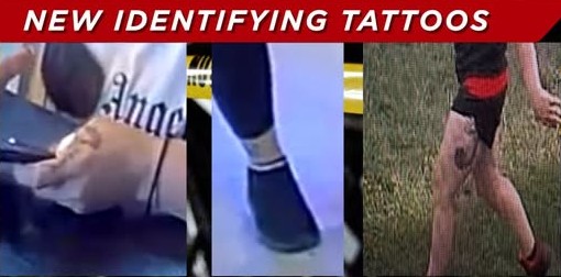 A three‑panel graphic showing close‑up images of different tattoos and markings on an unidentified individual. At the top of the graphic is a red banner with white text that reads “NEW IDENTIFYING TATTOOS.” The left panel shows a close‑up of a forearm and hand holding a dark-colored wallet or phone, with a tattoo visible on the back of the hand near the thumb. The middle panel shows a lower leg and foot wearing a dark shoe and light ankle bracelet, with a tattoo visible on the ankle. The right panel shows an upper thigh with a large dark tattoo resembling a scorpion. The background and settings differ in each panel, indicating the images come from separate sources.