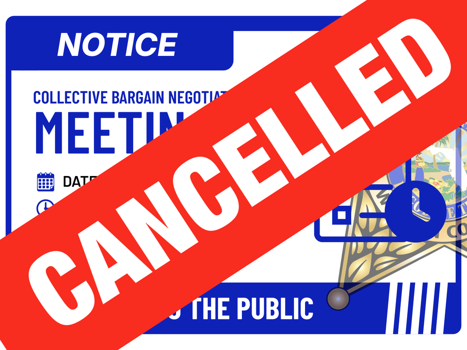 White and blue graphic about a public meeting with a large red banner over it that says, "Cancelled."