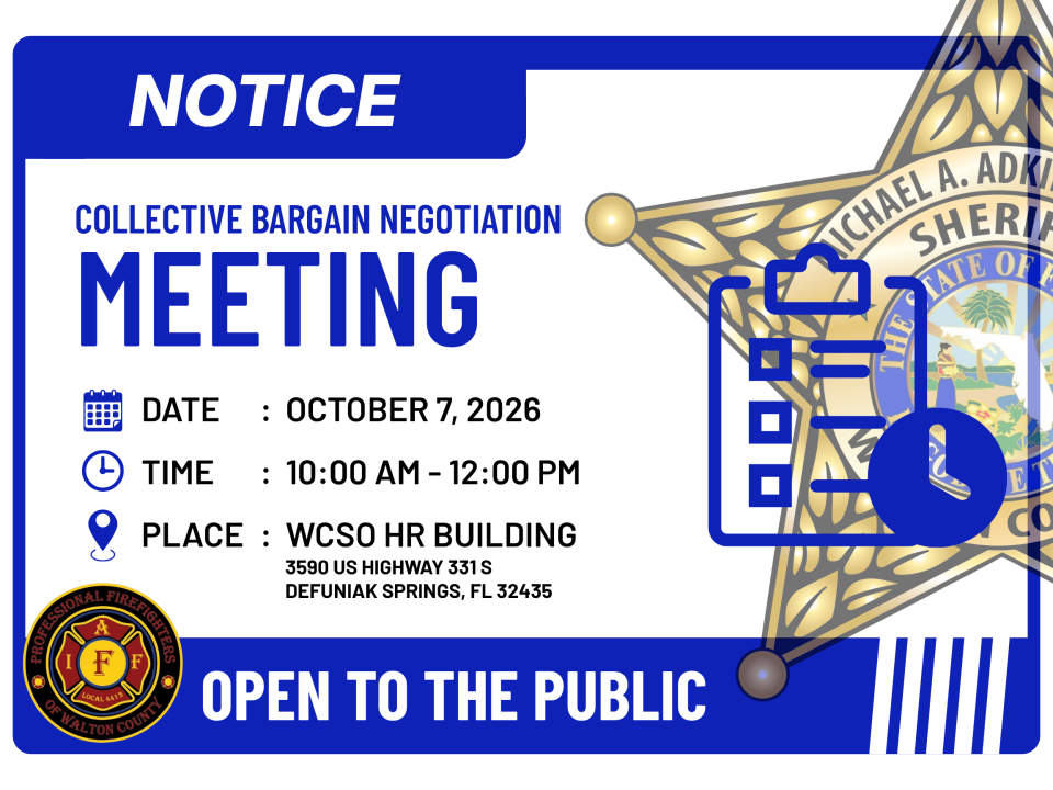 Blue and white graphic that says the date, time, and location for the next Collective Bargaining Negotiations meeting
