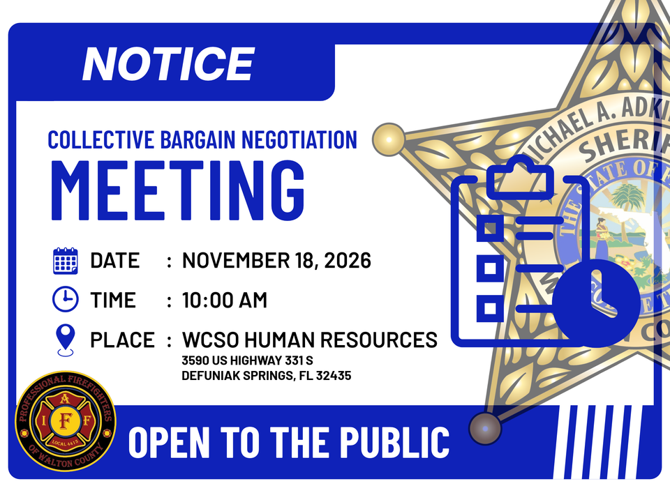 Blue and white graphic with information about a meeting with the sheriff's office and the union